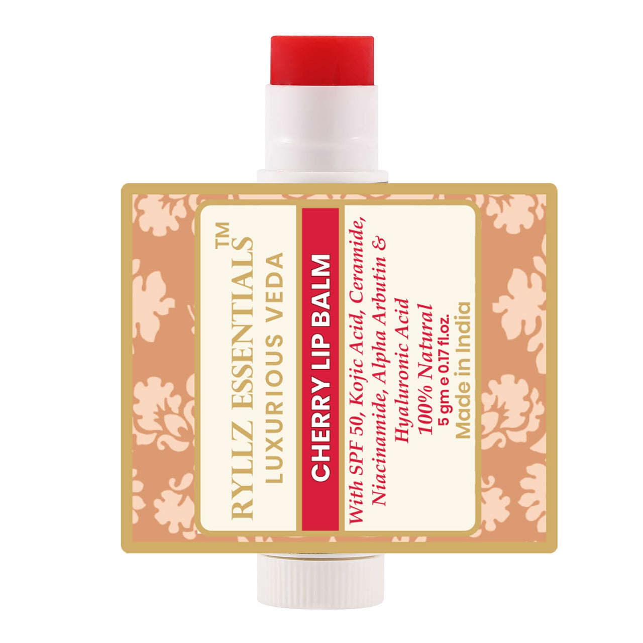 RYLLZ ESSENTIALS Cherry Lip Balm | SPF 50 PA+++ | With Shea Butter, Kojic Acid, Ceramide, Niacinamide, Alpha Arbutin & Hyaluronic Acid | Red Tint | For Lip Lightening & Moisturized Lips | 5 Gm
