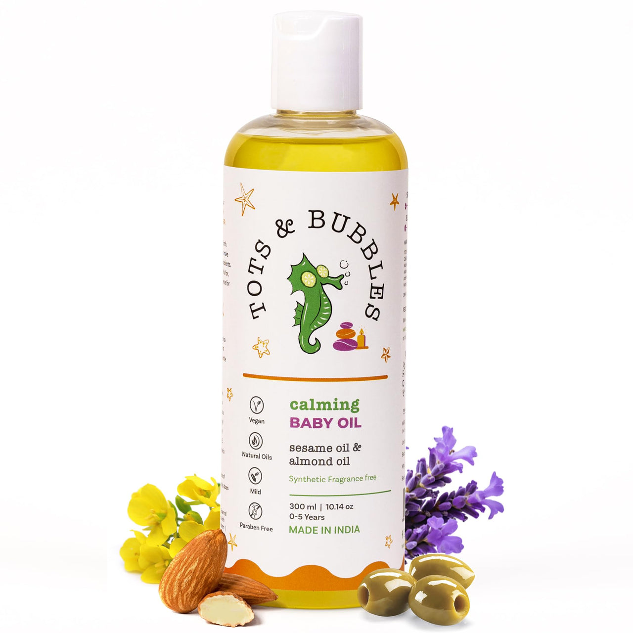Tots & Bubbles Calming Baby Massage Oil with Sweet Almond & Olive Oil - 300 ml | Enriched with of Shea butter, Lavender & Mustard | Gentle on the skin, Free from Harmful Chemicals, No Artificial Scent