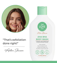 THE LOVE CO. AHA BHA Body Wash | 5% Glycolic, Lactic & Salicylic Acid | Gently Exfoliates, Fights Acne & Unclogs Pores | With Barrier-Boosting Ceramides | Sulphate-Free | Unisex | 350ml