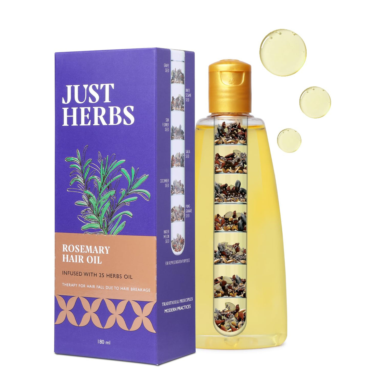 Just Herbs Rosemary Hair Oil | For Hair Growth | Hair Fall Control | Scalp Health | Hair Follicles Ideal for Regular Use and Suitable for All Hair Types | Men & Women 180ml