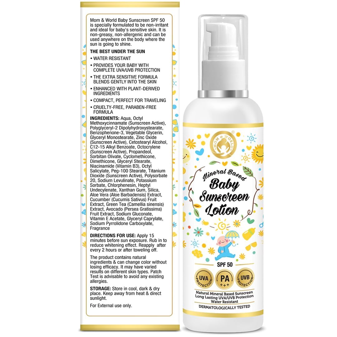 Mom & World Mineral Based Baby Sunscreen Lotion, Spf 50 Pa+++, Uva/Uvb Protection, Water Resistance, 120 ml