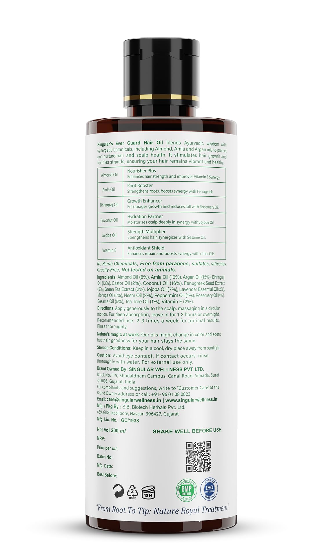Singular Ever Guard Hair Oil for Healthy Scalp & Promoting Hair Growth | Pure & Natural Cold Pressed Oil Infused with Nature's Best Almond, Amla, Bhringraj, Coconut, Fenugreek, Jojoba, Rosemary Oil with Vitamin E | Ideal for Protecting & Maintaining of He