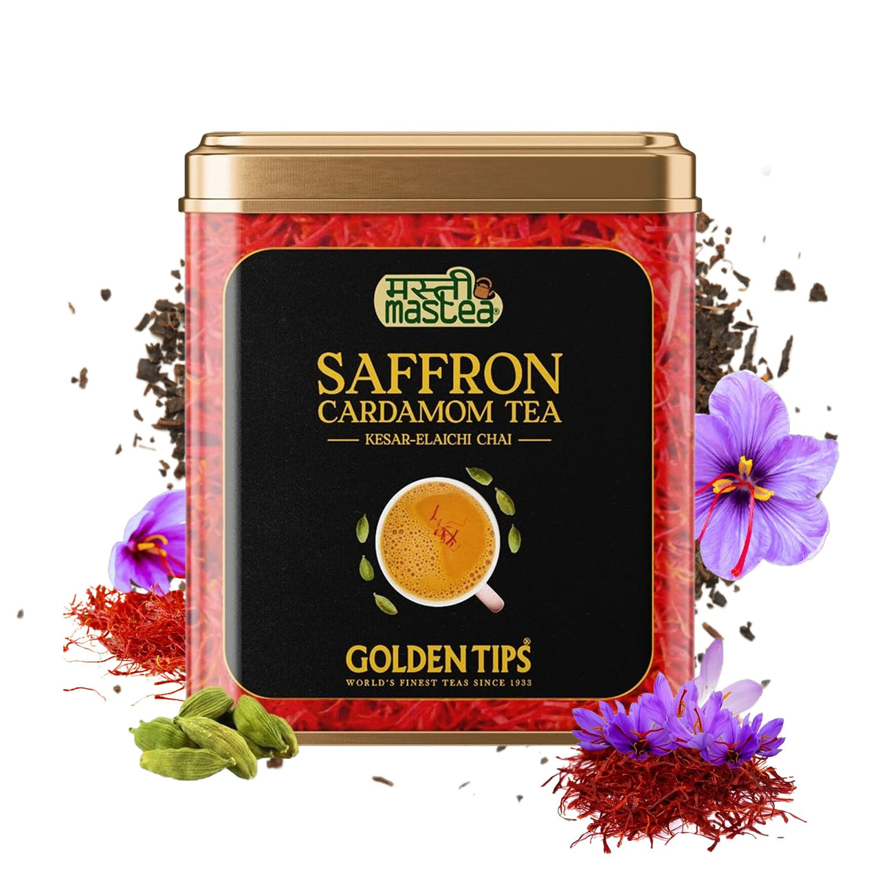 Golden Tips Saffron Cardamom (Elaichi) Exotic Robust CTC Chai 250 Gram