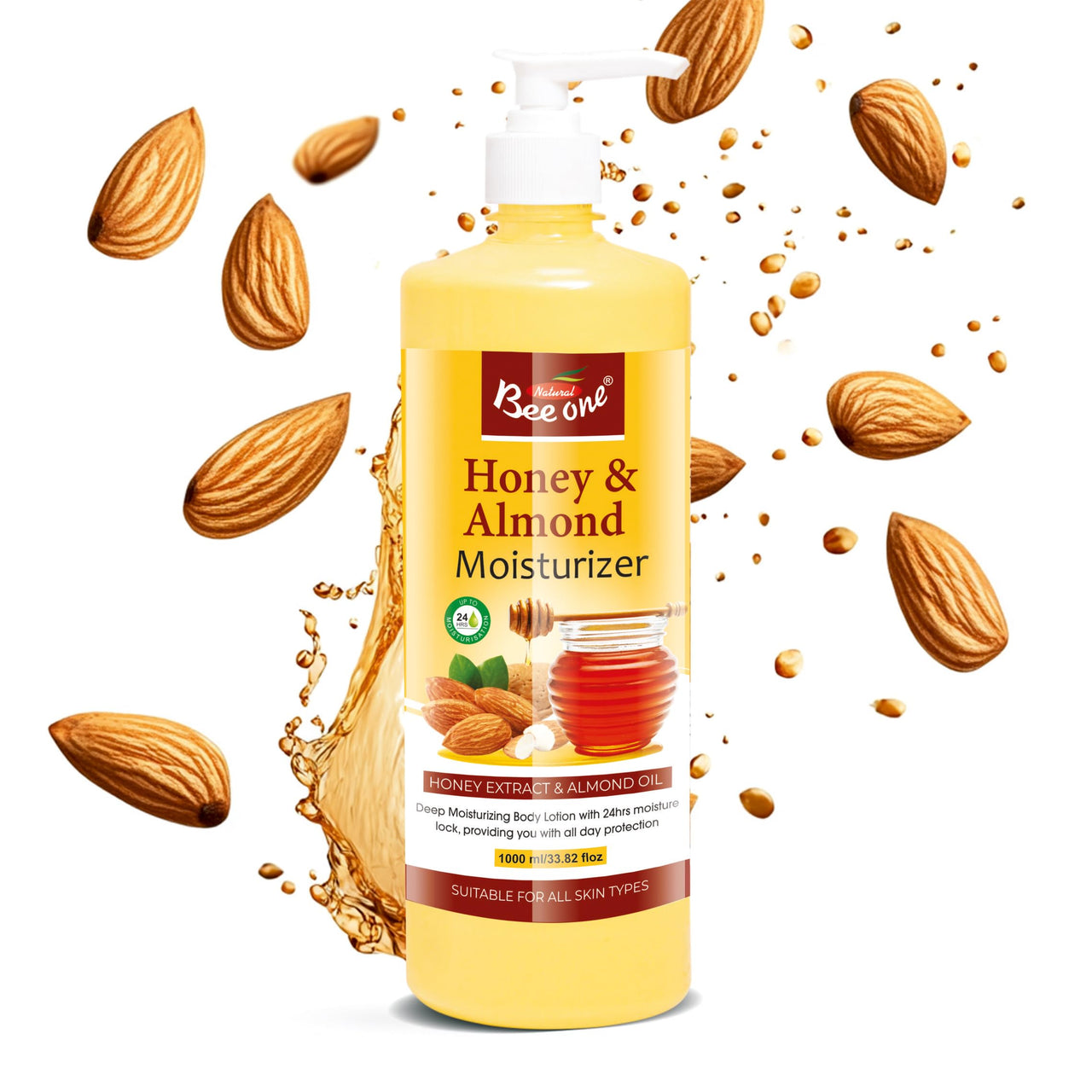 Beeone Honey Almond Moisturizer 1000ml – Deeply Nourishing Lotion for Soft, Smooth & Hydrated Skin | Rich in Honey & Almonds for All Skin Types