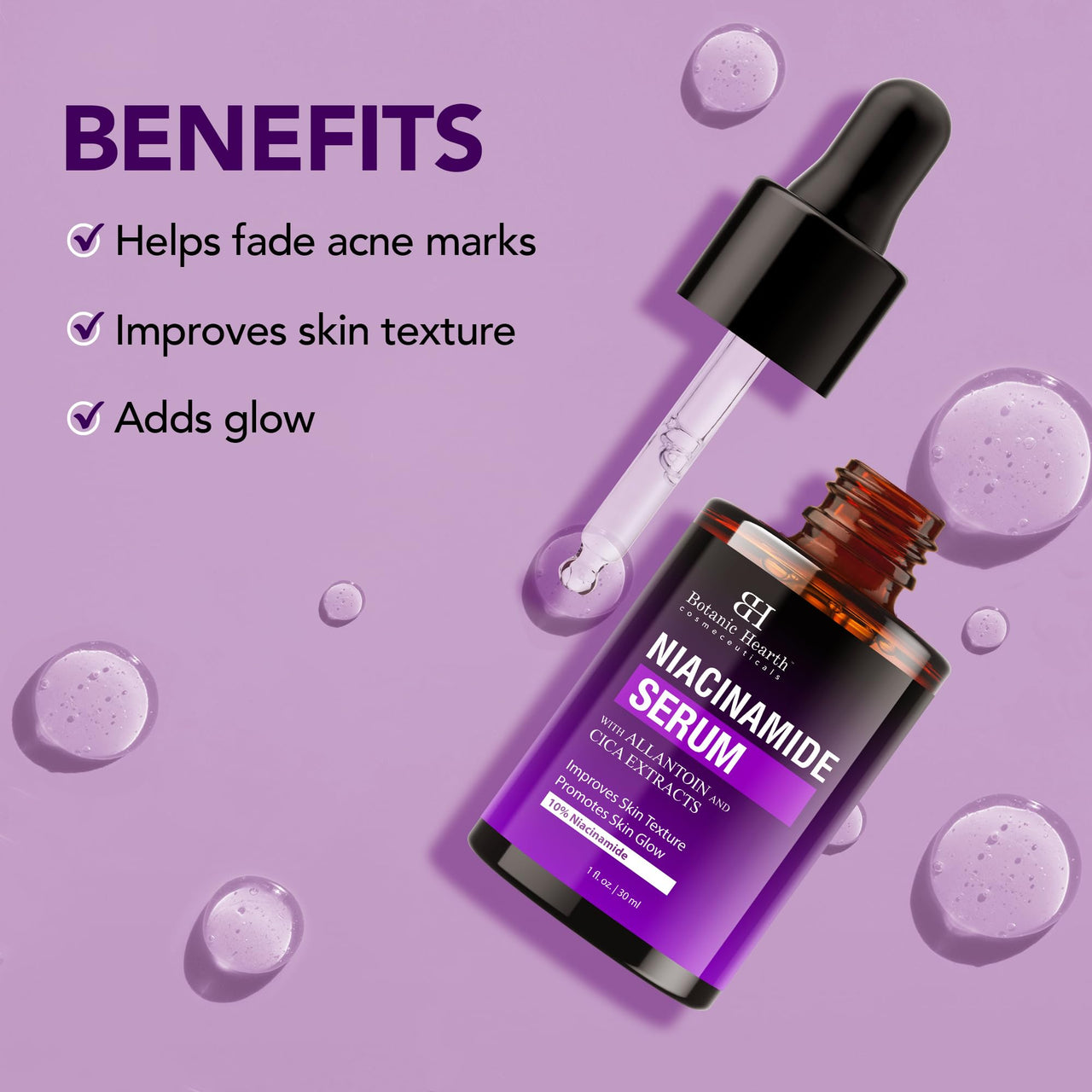 Botanic Hearth 10% Niacinamide Face Serum 30 ml with Allantoin, Zinc PCA, Cica & Hyaluronic Acid | Minimize Pores, Correct Dark Spots, Even Skin Tone | All Skin Types | For Women & Men
