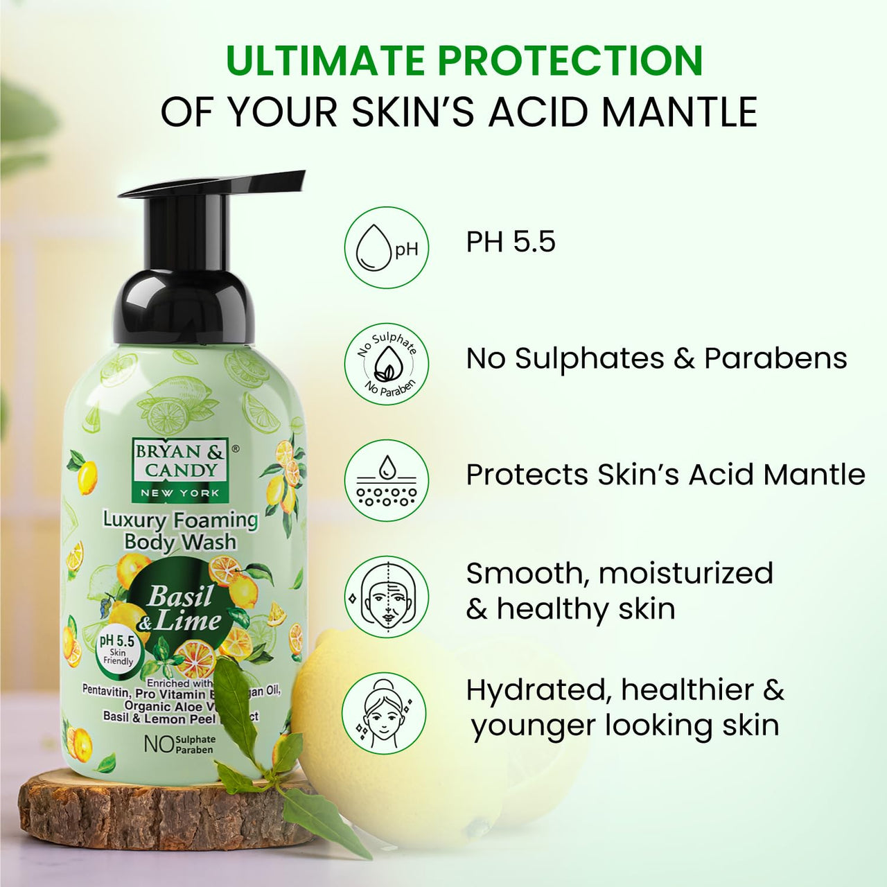 Bryan & Candy Luxury Foaming Body Wash with Pentavitin,Pro Vit B5,Argan Oil,Aloe Vera, Skin Friendly pH 5.5, All Skin Types, 400 Ml (Basil & Lime)