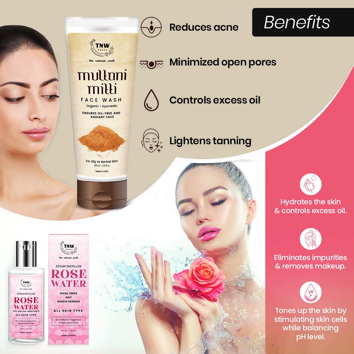 TNW-The Natural Wash Multani Mitti Face Wash (100ml) & Steam Distilled Rose Water (100ml) | Face Wash and Rose Water/Makeup Remover for All Skin Types | Combo