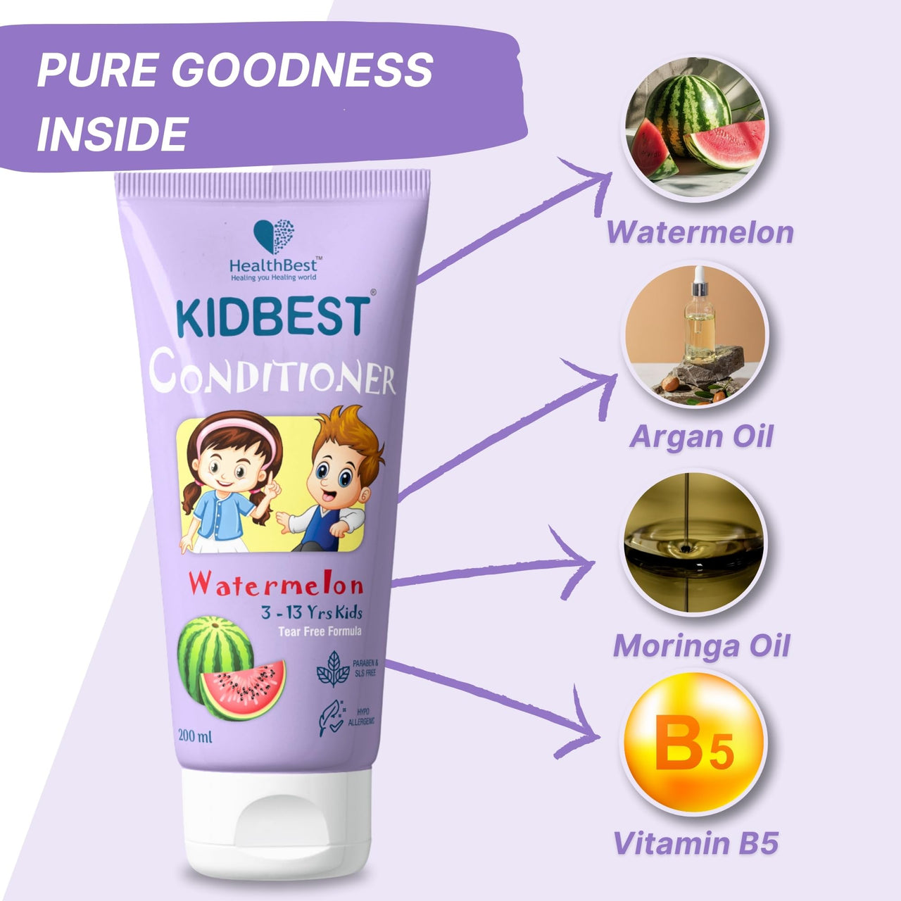 HealthBest Kidbest Conditioner for 3-13 Years Kids | Nourishing Hair, Hair Smoothing | Tear, Paraben, SLS free | Watermelon Flavor | 200ml (Pack of 2)