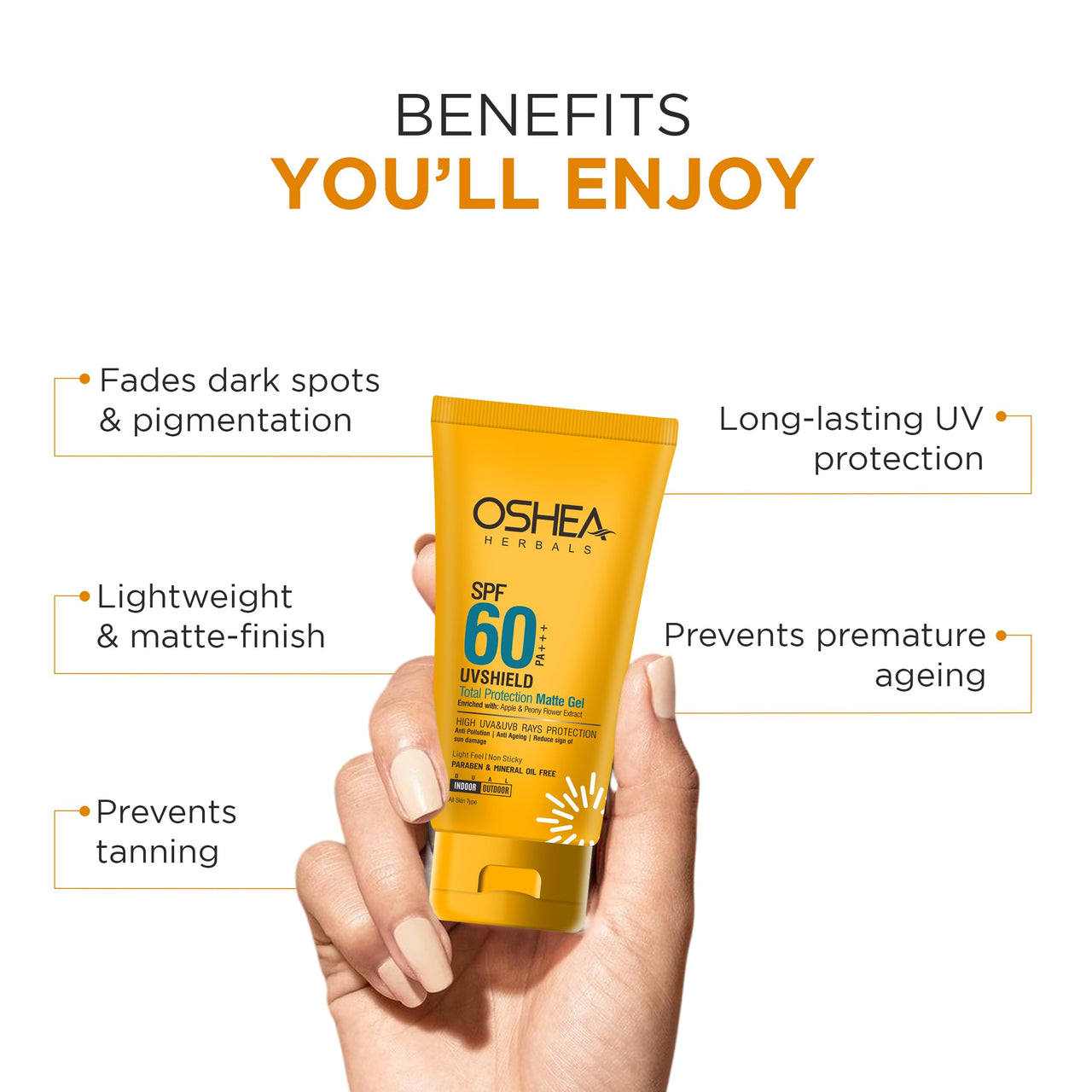 Oshea Herbals SPF 60 PA+++ Non Sticky UVshield Matte Gel Sunscreen for All Skin Types | Reduces Ageing with Signs of Sun Damage, Protects from UVA & UVB | Enriched with Apple & Peony Flower Extract60g