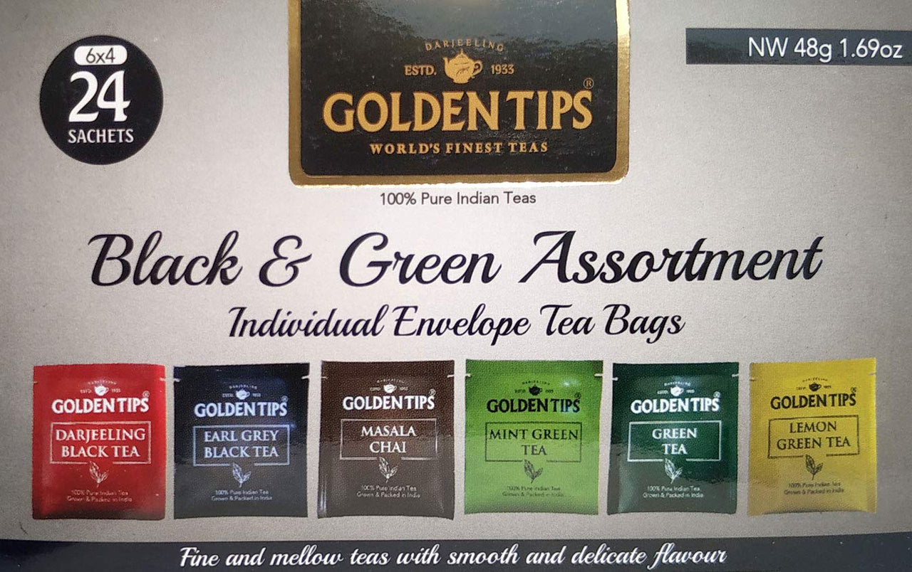 Golden Tips-Tea Bags 100% Pure Indian Black & Green Assortment Individual Tea Bags | 24 Tea Bags | 48 Grams