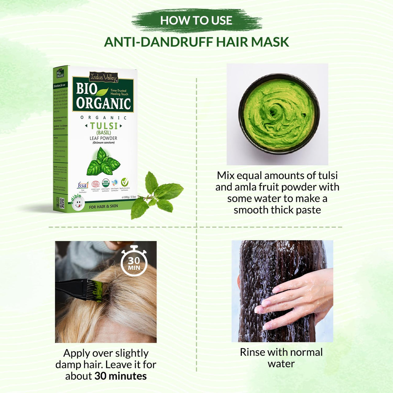 INDUS VALLEY Tulsi Powder 100% Organic and Natural for Skin and Hair Care set of 2 (100g)