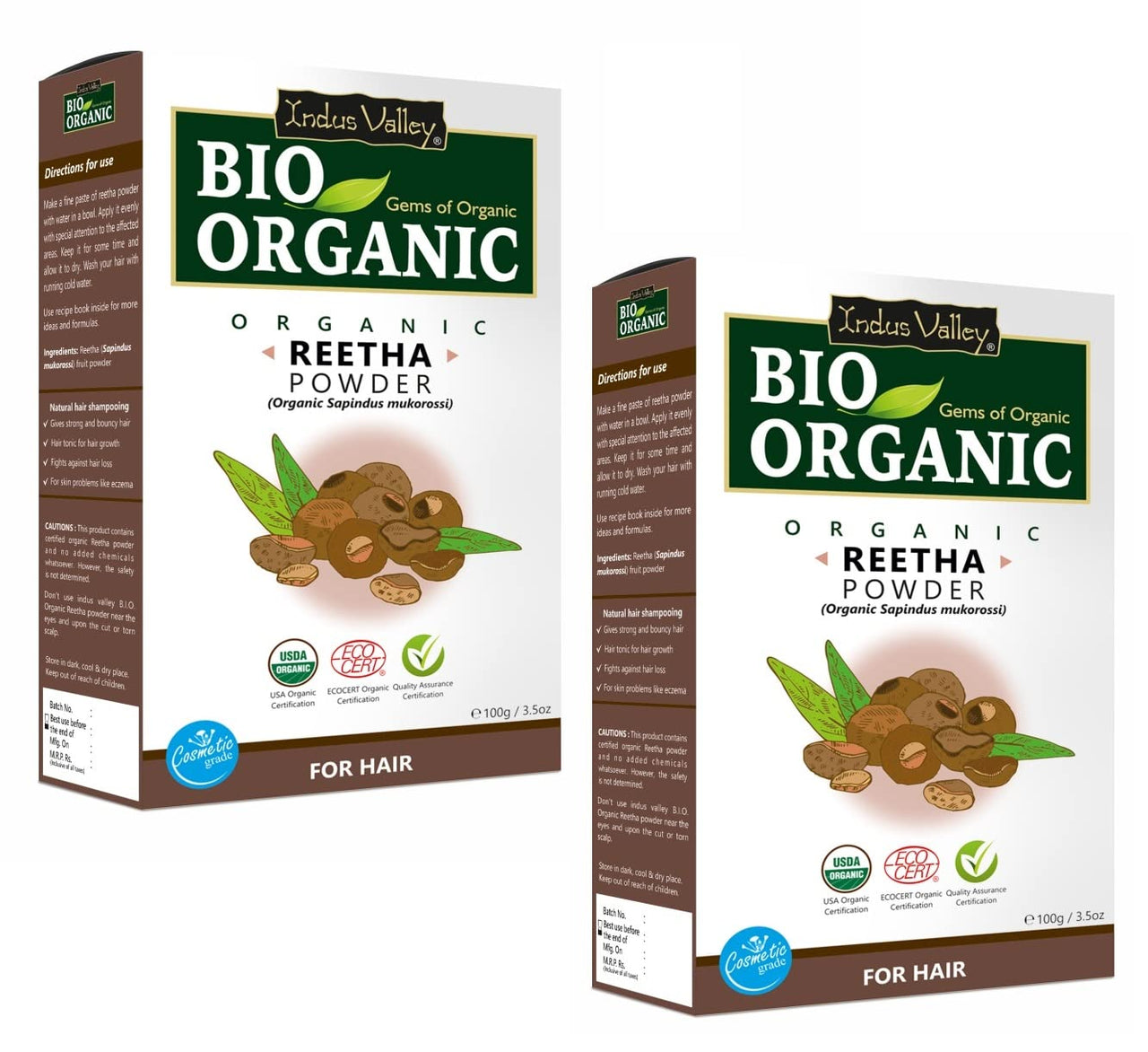 INDUS VALLEY Bio Organic Reetha Powder | Sapindus mukorossi | 100% Organic & Chemical Free Skin Cleanser (100g*2= 200g)