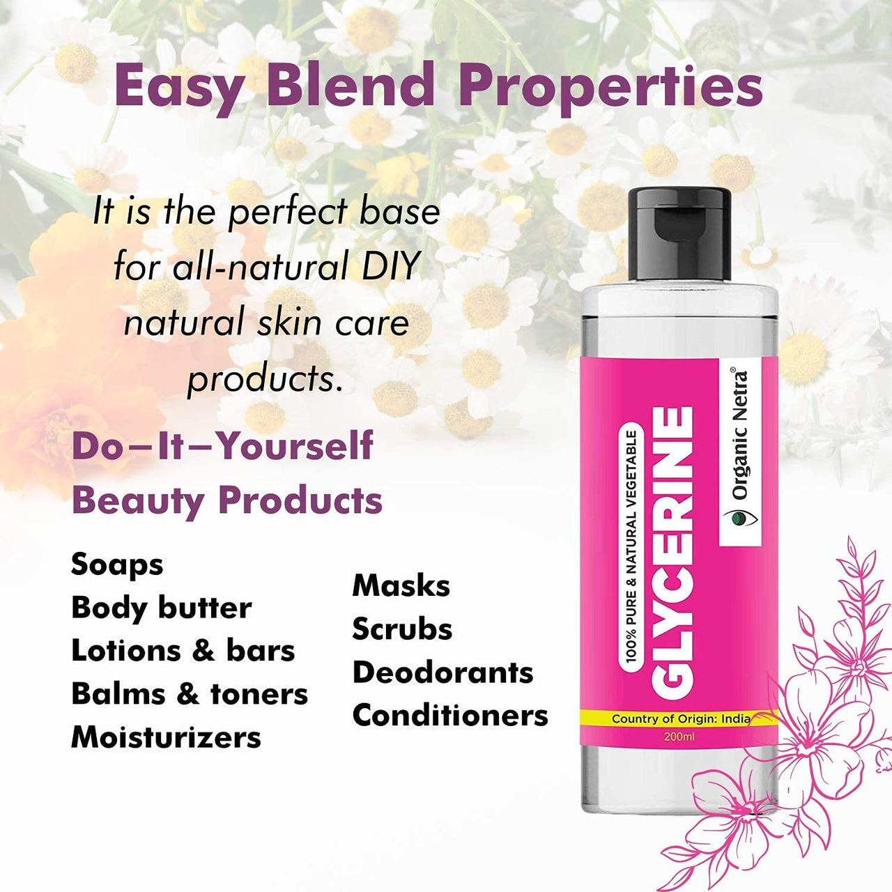 Organic Netra Glycerine for Face |100% Pure & Natural Glycerine Liquid for Face, Beauty and Skin Care | Pure & Unscented Glycerine | Suitable for All Skin Type - 200ml (Pack of 1)
