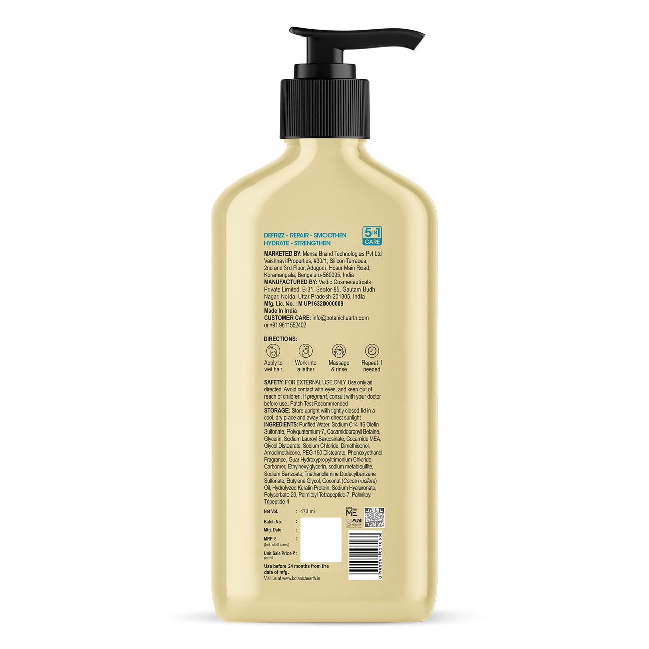 Botanic Hearth Defrizz & Repair Shampoo with Hydrolyzed Keratin & Peptides | Strengthens & Restores Hair |Repairs Damage & Adds Volume | Sulfate & Paraben Free, 473ml
