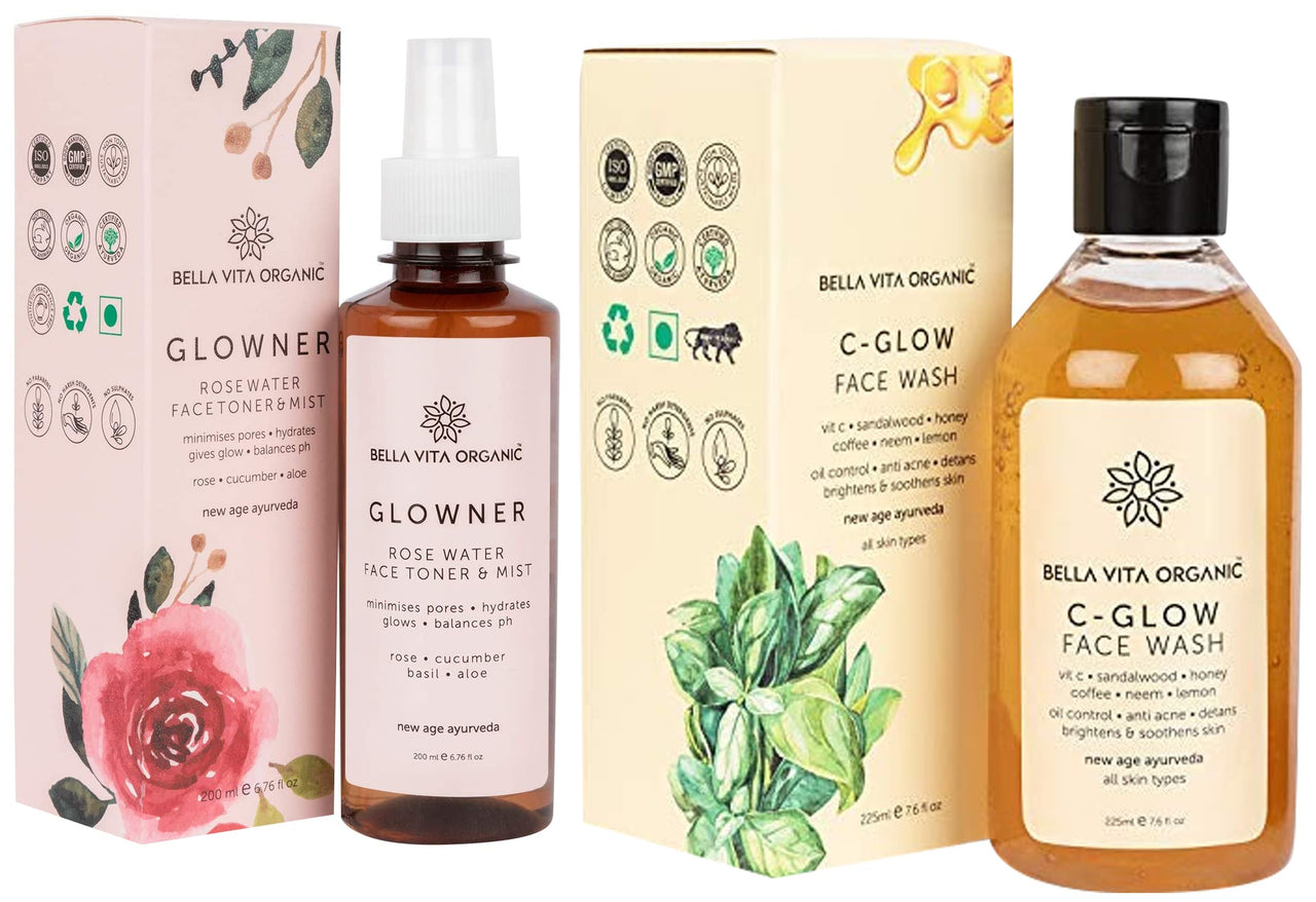 Bella Vita Organic Glowner Face Toner Face Mist, Alcohol free, Rose Water 100ml & Bella Vita Organic Vitamin C - 100 ml
