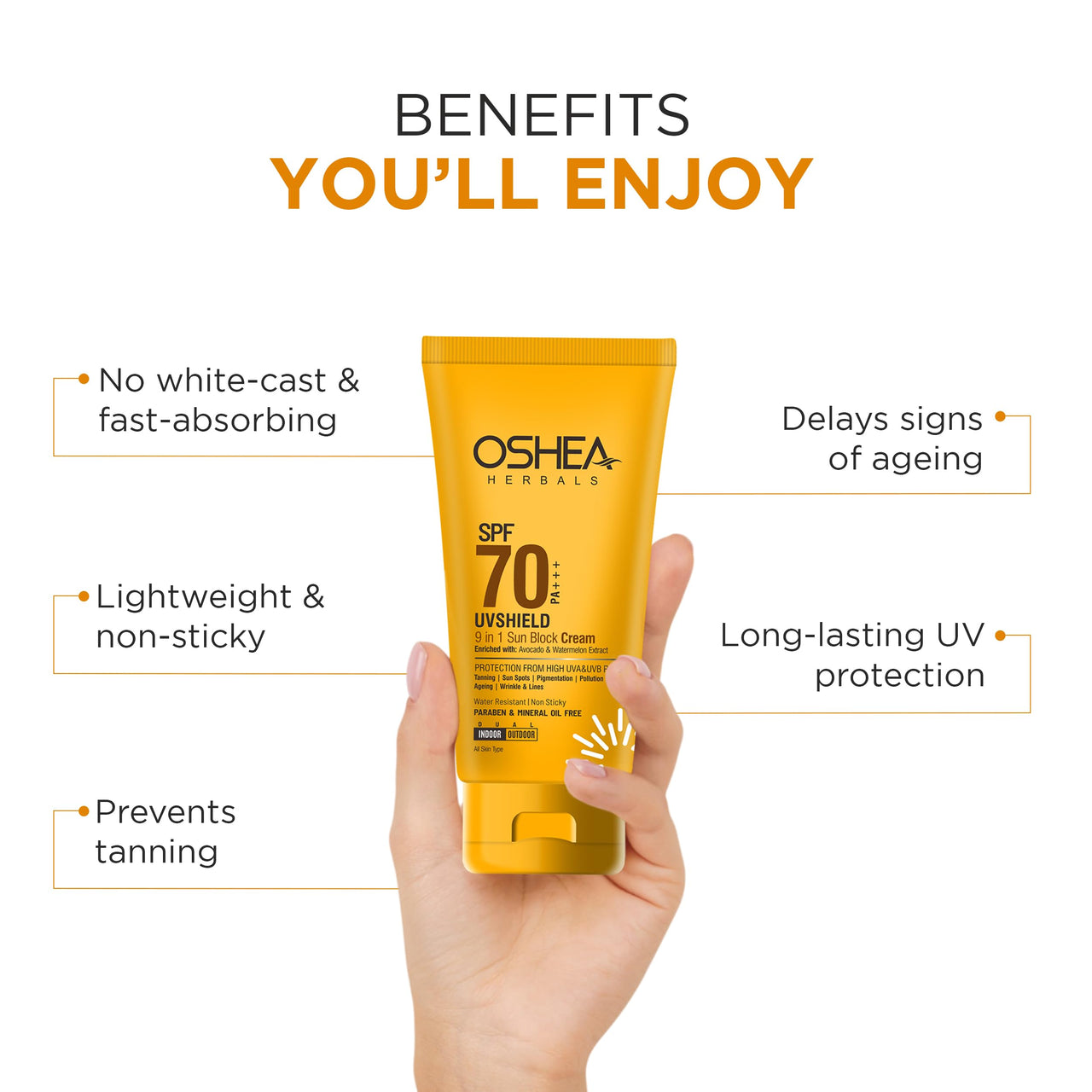 Oshea Herbals UVShield Sunscreen SPF 70 PA++ For All Skin Types | Non Sticky & Water Resistant | UVA & UVB Protection | Enriched with Watermelon & Avocado Extract 60g