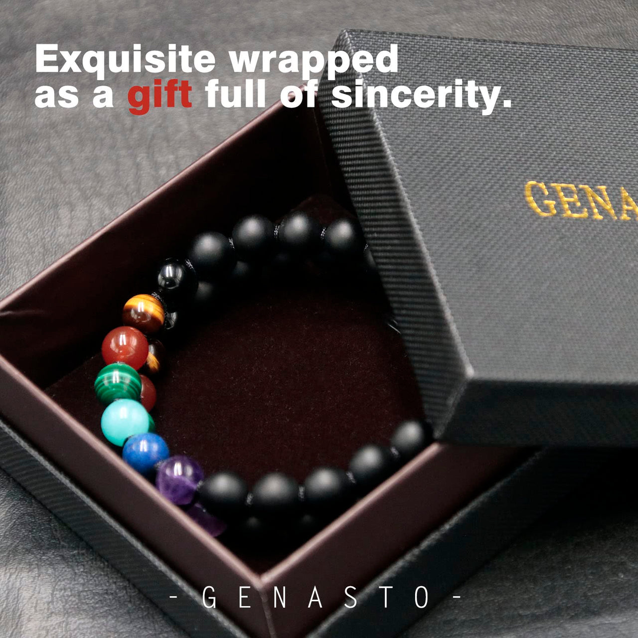 Mens Crystal Bracelet, GENASTO 7 Chakra Bracelet with Real Stones Tigers Eye Obsidan Amethyst Malachite Amazonite Lapis Lazuli Red Agate Beads Bracelets for Multi Healing Protection Balance