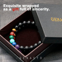 Mens Crystal Bracelet, GENASTO 7 Chakra Bracelet with Real Stones Tigers Eye Obsidan Amethyst Malachite Amazonite Lapis Lazuli Red Agate Beads Bracelets for Multi Healing Protection Balance