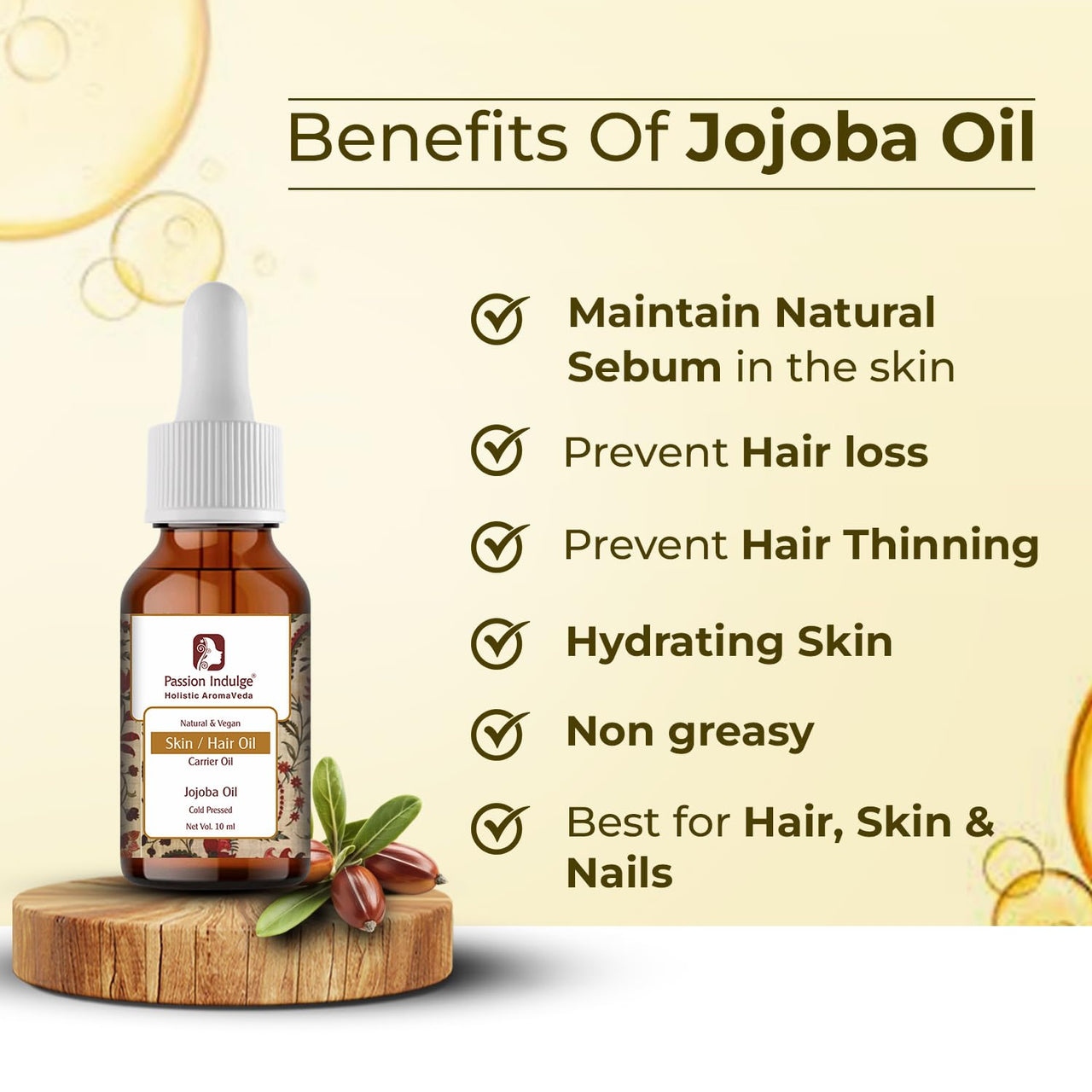 Passion Indulge Jojoba Carrier Oil for Skin, Hair and Face - 10ml | Natural | Natural Oil