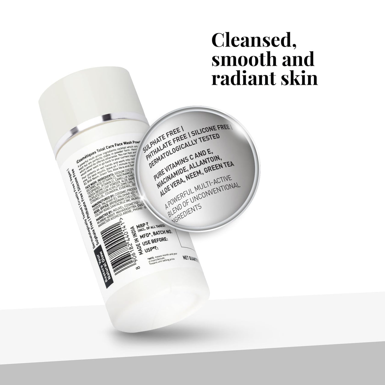 iCosmetiques Face Wash Powder |Pure Vitamin C, E, Niacinamide, Neem, Aloe Vera, Green Tea |Gentle Exfoliating, Deep Cleanse, Brighten & Nourish all Skin Type |Unisex Total Care Formula |30g (60 wash)