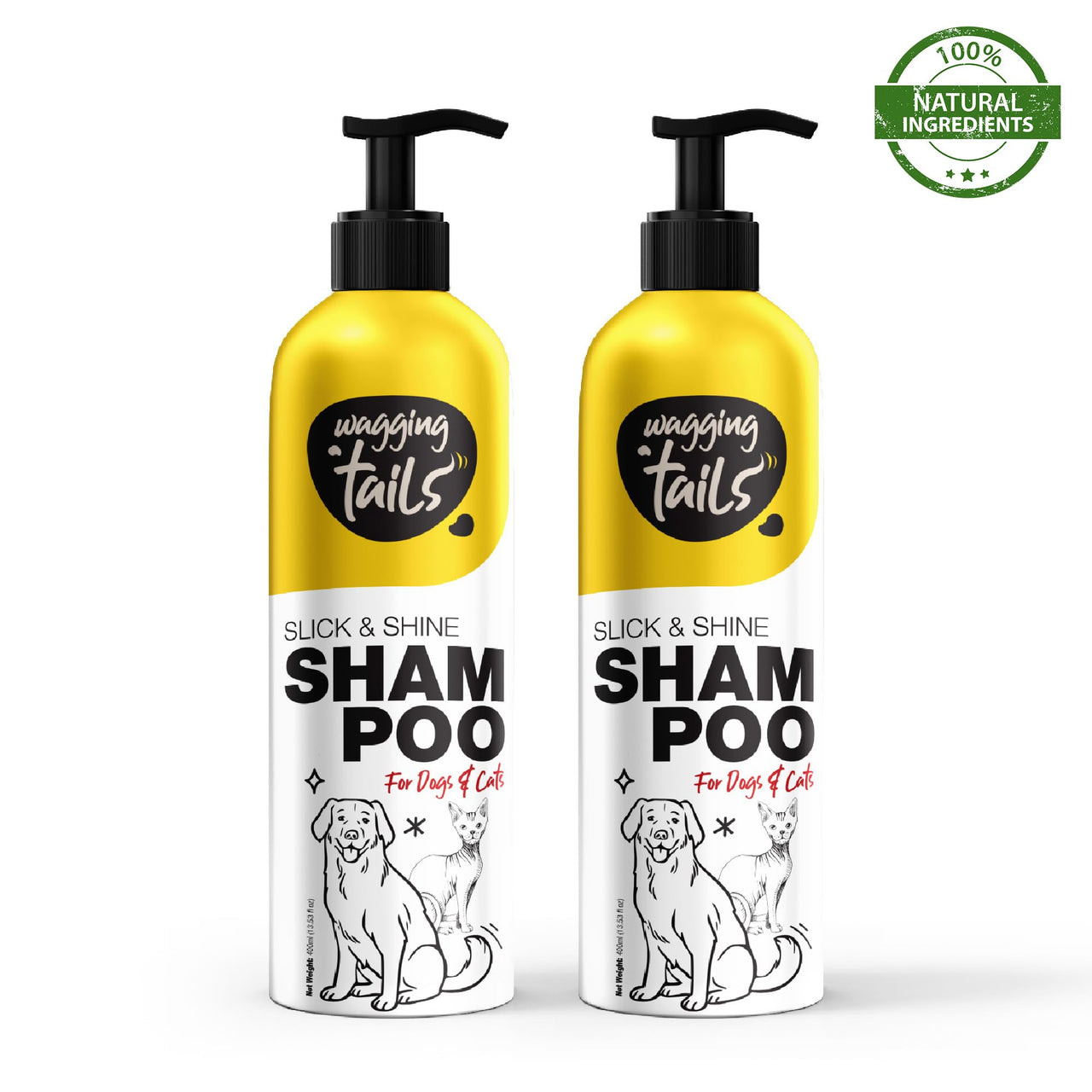 Wagging Tails Slick & Shine 5-in-1 Pet Shampoo-400ml-Pack of 2 | Deodorize & Moisturise the Skin | Remove Dirt | Help to Repair Damaged Hair | Anti-Itching & Anti-Dandruff Cleanser-All Breed Dog & Cat