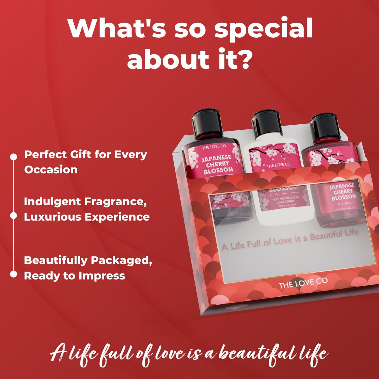 THE LOVE CO. Japanese Cherry Blossom Gift Collection| Indulge in Travel Pack Shower Gel, Body Lotion & Shampoo | Ideal Birthday & Special Occasion Hamper - Pack of 3