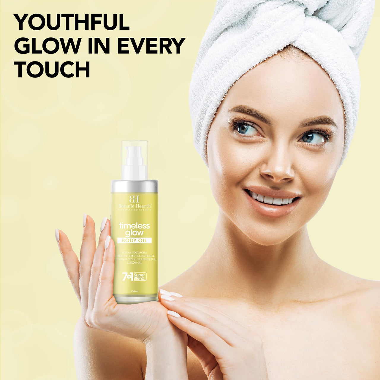 Botanic Hearth Timeless Glow Body Oil 100 ml - Anti-Aging Hydrating Oil with Vegan Collagen, Sprout Stem Cell Extract, Mango Butter, Grapeseed & Lemon Oil for Soft & Youthful Skin for Men & Women - in a Premium Glass Bottle