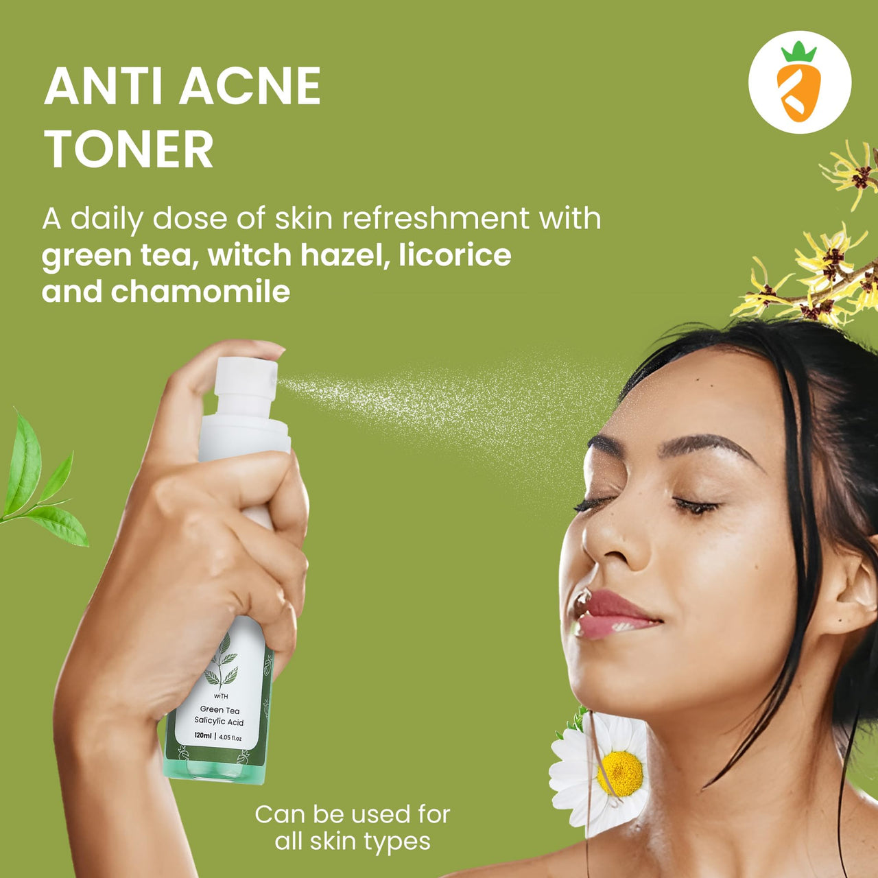 Karrot Natural Skincare Toner for Oily Skin, Green Tea Face Spray Mist for Oil Control and Acne Prevention, Infused with Salicylic Acid and Chamomile, For Women and Men, All Skin Types, 120ml