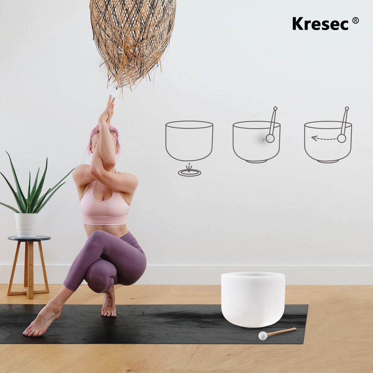 Kresec 8 Inch 432Hz Perfect Pitch Crystal Singing Bowl A Note (±10 cents) Third Eye Chakra with O-ring and Mallet for Meditation, Yoga, Spiritual and Body Healing and Energy Cleansing