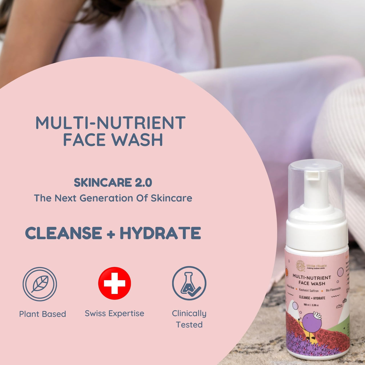 Little Rituals Multi-Nutrient Foaming Face Wash for Babies & Kids | Indian Rose & Kashmiri Saffron | Bio Flavonoids | Cleanse + Hydrate | pH Balanced, Tear-Free | MADE SAFE | 0M+ | 100 ml