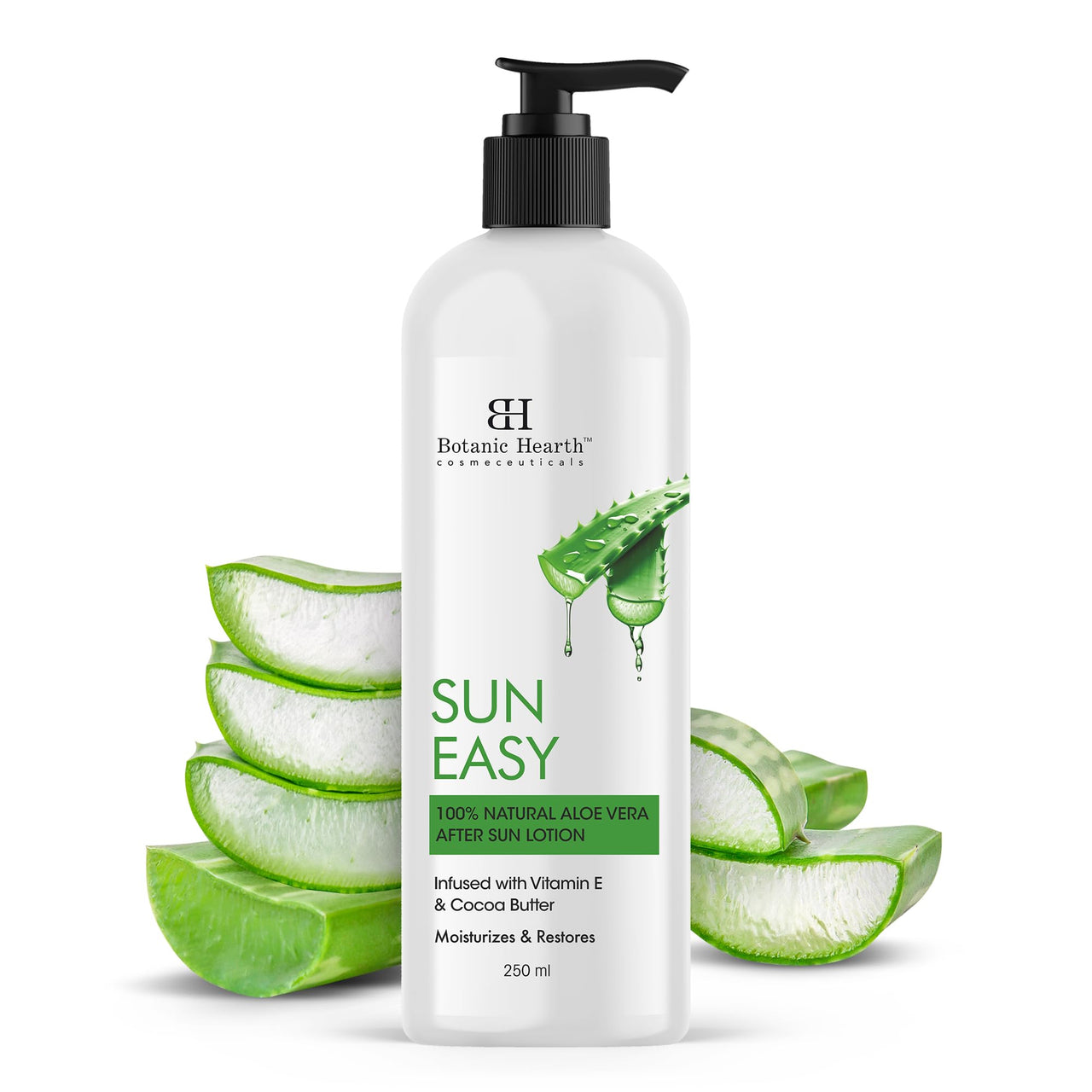 Botanic Hearth Sun Easy 100% Natural Aloe Vera After Sun Lotion, 250 ml - Soothing & Hydrating Sunburn Relief, Non-Greasy Formula Men & Women