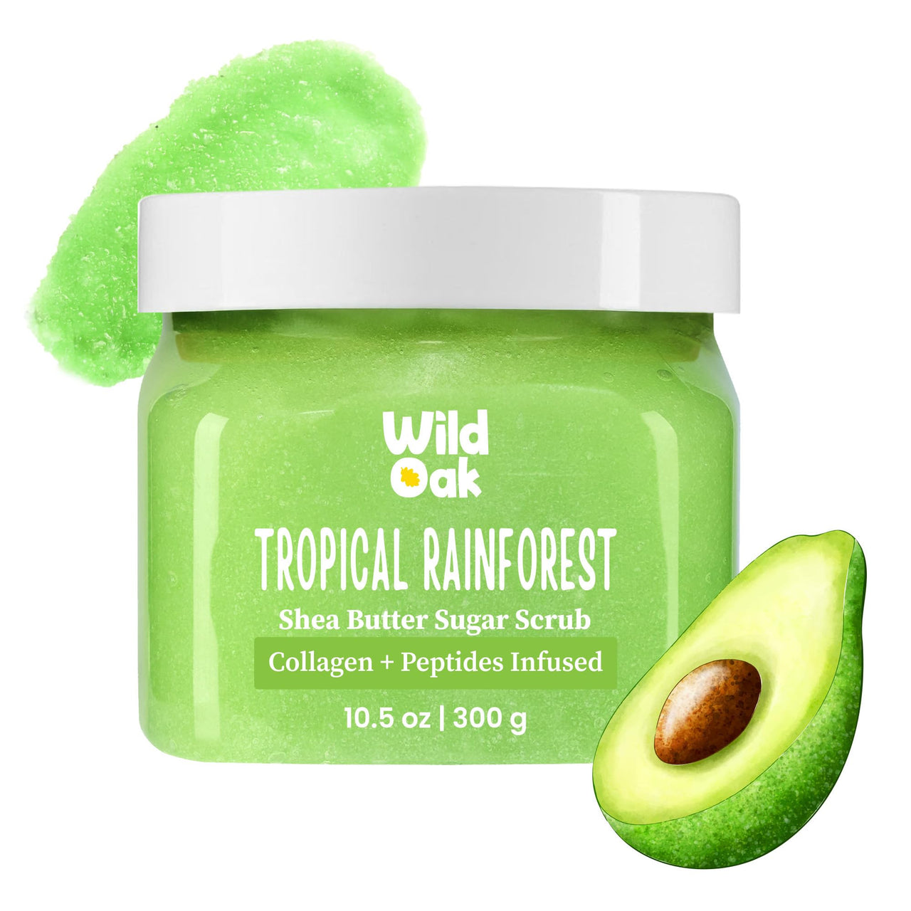 WildOak Tropical Rainforest Sugar Body Scrub | 300g | Kojic & Hyaluronic Acid, Ceramides, Collagen & Peptides | De-Tan & Brightens Dark Areas | Smooths Strawberry Legs & Arms | Hydrates & Exfoliates