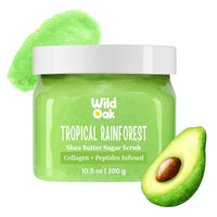 WildOak Tropical Rainforest Sugar Body Scrub | 300g | Kojic & Hyaluronic Acid, Ceramides, Collagen & Peptides | De-Tan & Brightens Dark Areas | Smooths Strawberry Legs & Arms | Hydrates & Exfoliates