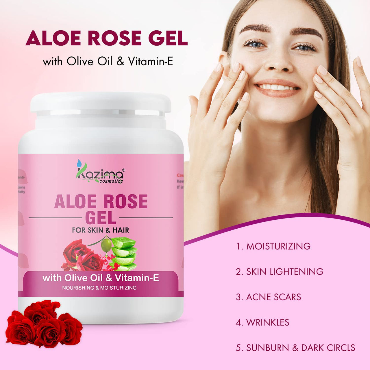 KAZIMA Aloe Rose Gel for Face and Body, 1kg | with Olive, Vitamin E and Pure Aloe Vera for Soothing, Hydrating, and Moisturizing | Aloe Rose Soothing Gel for Senstitive & Irritated Skin