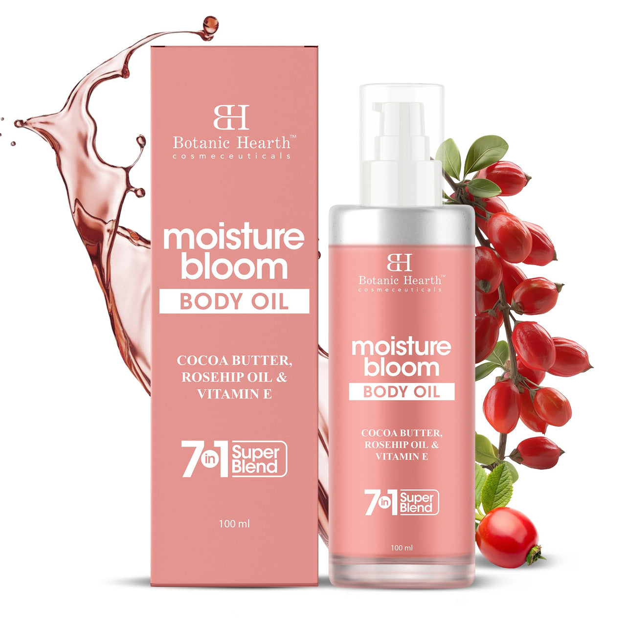 Botanic Hearth Moisture Bloom Body Oil - Hydrating Body Oil with Jojoba, Rosehip & Vitamin E for Soft & Radiant Skin, 100 ml for Men and Women - in a Premium Glass Bottle