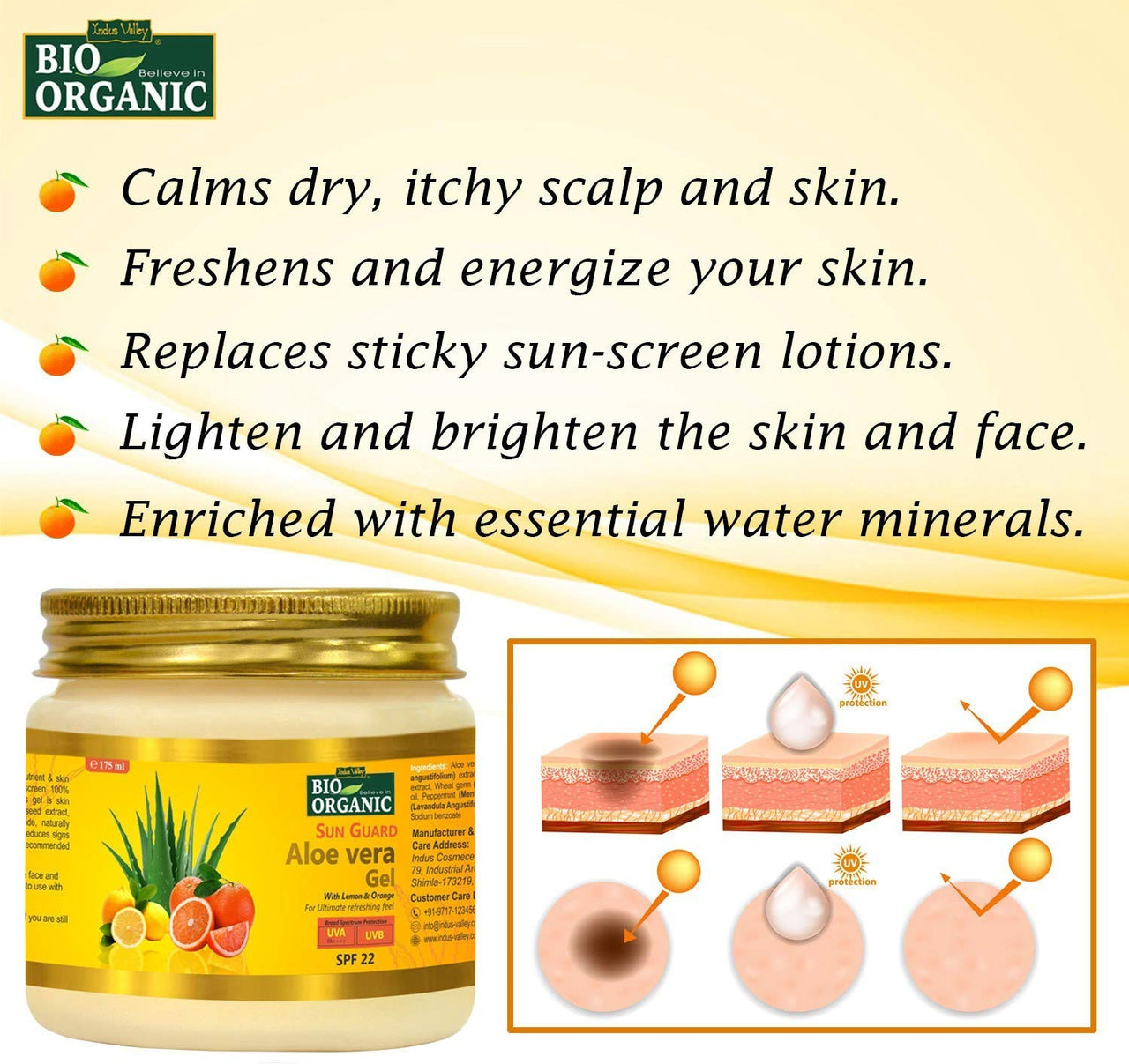 INDUS VALLEY Bio Organic Sun Guard Aloe Vera Gel With Lemon & Orange For Ultimate Refreshing Feel (175 * 2=350ml)