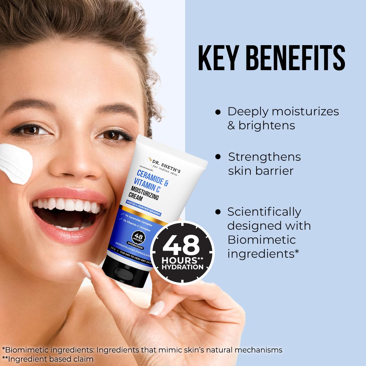 Dr. Sheth's Ceramide & Vitamin C Moisturizing Cream|For Dry To Very Dry Skin|Brightens & Strengthens Skin Barrier|48Hr Deep Hydration|Non Sticky|Biomimetic Ingredients|For Men & Women's |50G