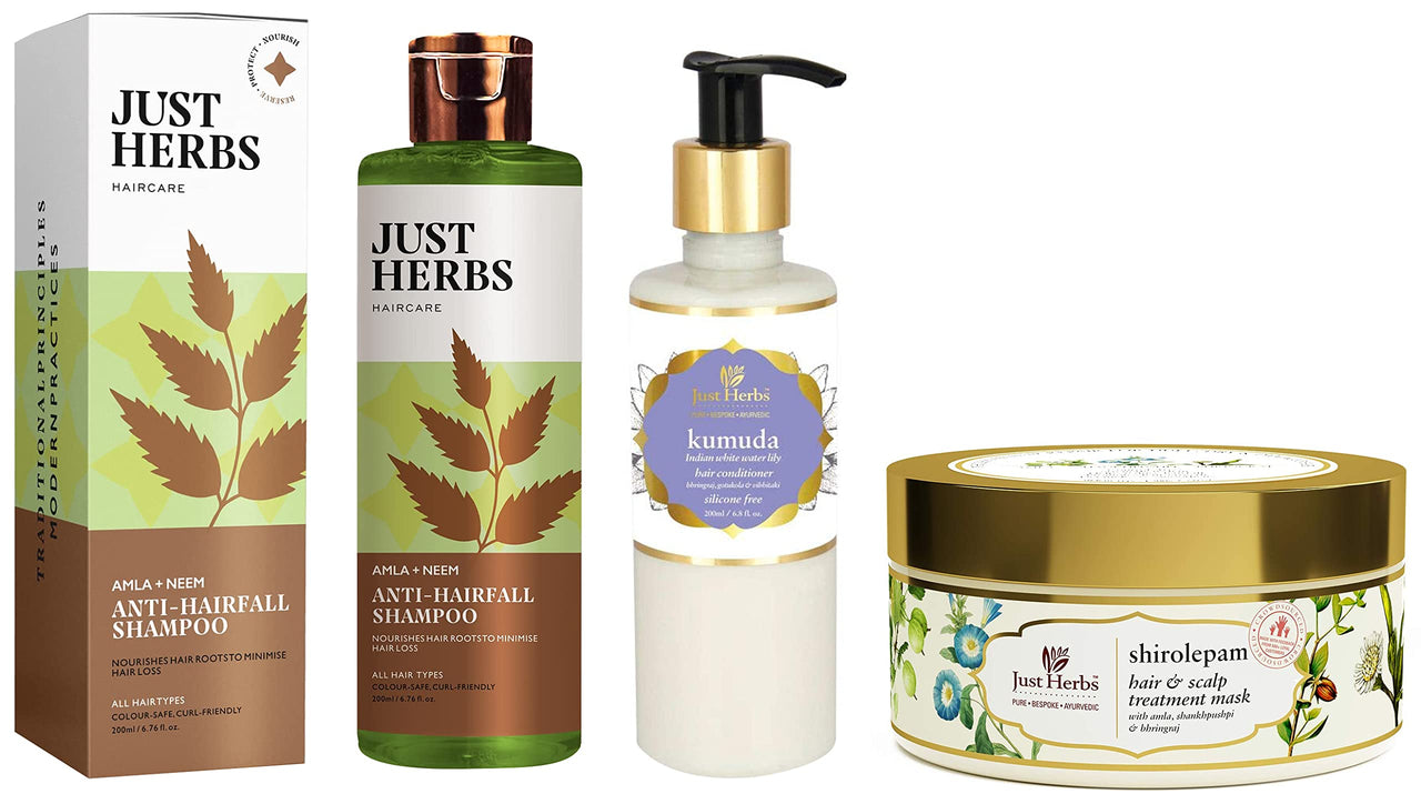 Just Herbs Hair Care & Hair Growth Combo With Conditoner For Normal Hair, Shampoo & Hair Mask, 3 count (Neem and Alma)