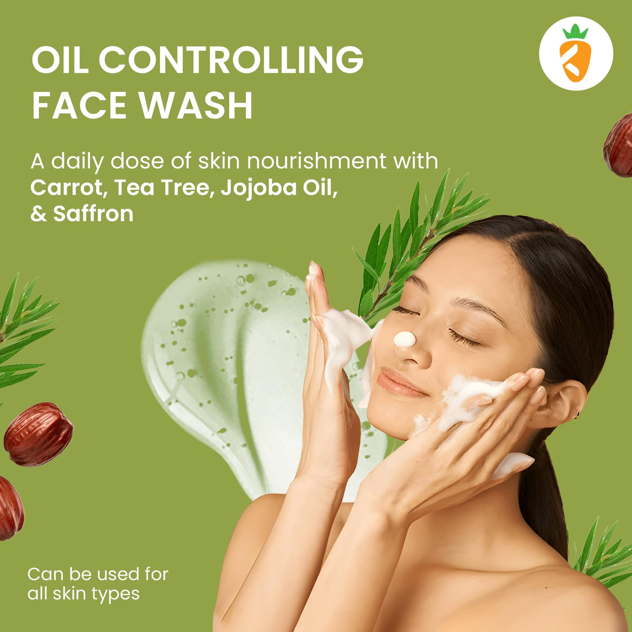 Karrot Natural Skincare Face Wash for Acne Prone Skin, Controls Oil and Cleanses Pores, Tea Tree Formula with Carrot, Jojoba Oil and Saffron, For Women and Men, Suitable for All Skin Types, 100 ml