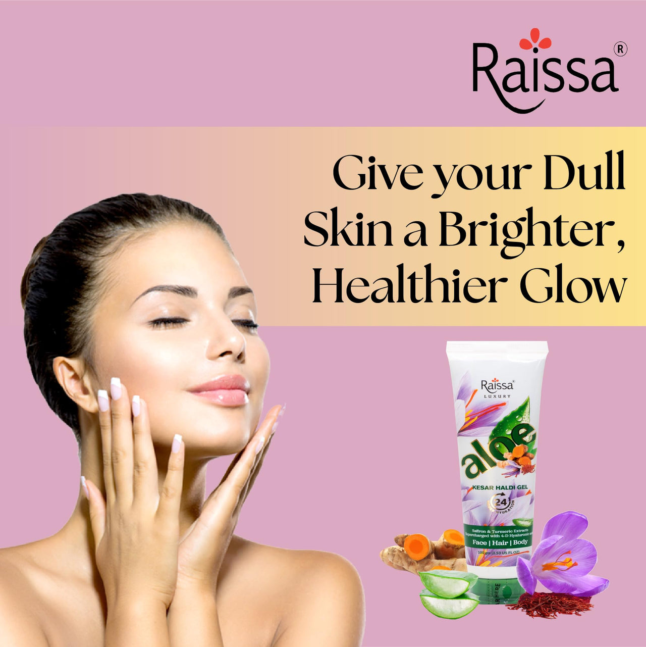 Raissa 4D Hyaluronic Acid Face Gel, 100g | 100% Pure Aloe Vera | Infused with Saffron, Turmeric Extracts, Niacinamide & D-Panthenol | Brightening & Glow | 24H Hydration | All Skin Types