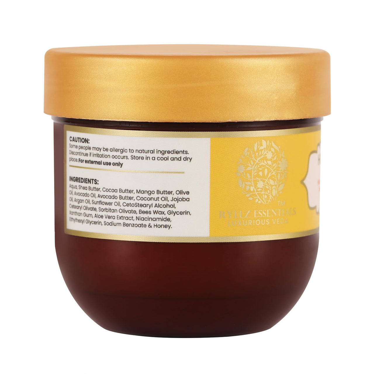 RYLLZ ESSENTIALS Honey Malai Body Butter | with Shea Butter, Cocoa Butter, Mango Butter, Niacinamide & Jojoba Oil| for 48Hrs Moisturisation, Stretch Marks, Dry/Itchy Skin & Uneven Skin Tone | 200 ml