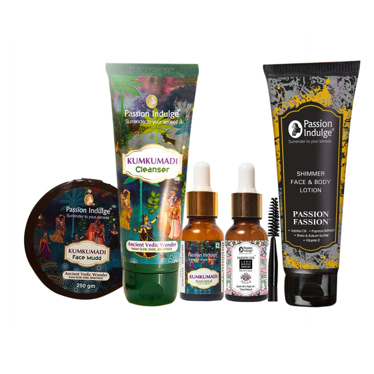 Passion Indulge Wedding Kit Face Care Combo - Kumkumadi Cleanser, Kumkumadi Oil, Kumkumadi Mudd Pack, Shimmer Lotion, Eyelash Oil | Bridal Kit | Natural Facial kit | Wedding Kit for Women