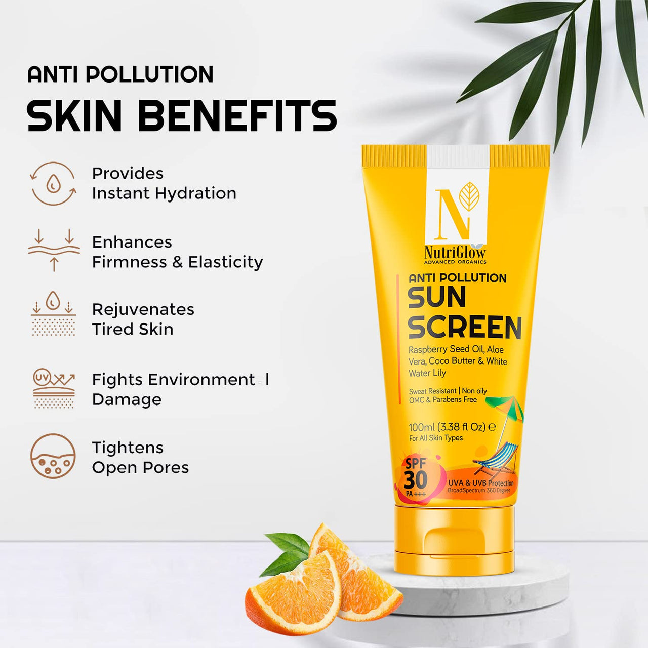 NutriGlow Advanced Organics Anti Pollution Sun Screen SPF 30 PA+++ With Aloe Vera Extract For Non Greasy Daily Moisturizer, Dry, Damage and Tan Free Skin, All Skin Types, 100 ml