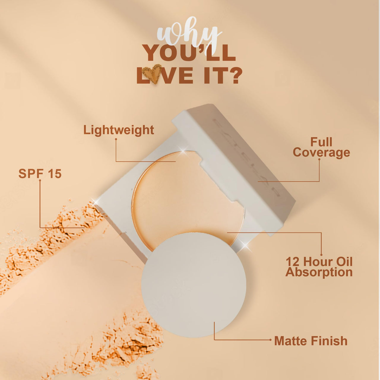 Estelar Matte Compact Powder with SPF 15 Protection, Absorbs Oil and Sweat, Long Lasting Freshness for Upto 12 Hours, Evens Tone, Non Sticky, Non Greasy, Confident Ivory, For All Skin Types, 8gms