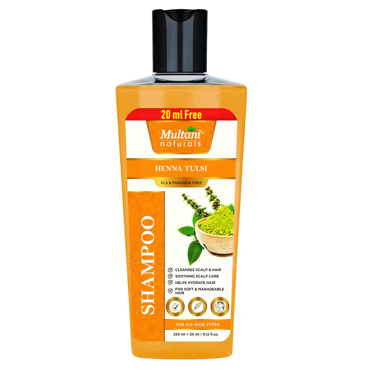 Multani Naturals Henna & Tulsi Shampoo (270 ml) | For Silkier & Denser Hair | Improves Scalp Health | For Hair Growth & Dandruff Control | SLS & Paraben Free | Dermatologically Tested