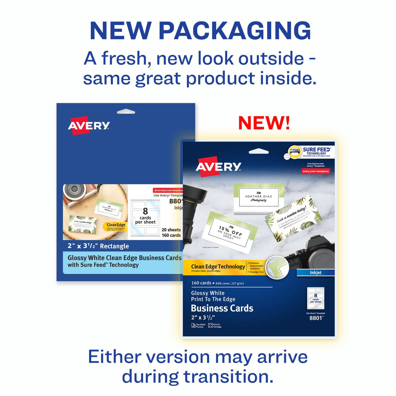 Avery Glossy Business Cards with Sure Feed Technology, 2" x 3.5", Glossy White, 160 Total, Clean Edge, Print-to-the-Edge, Inkjet Printable Cards (8801)