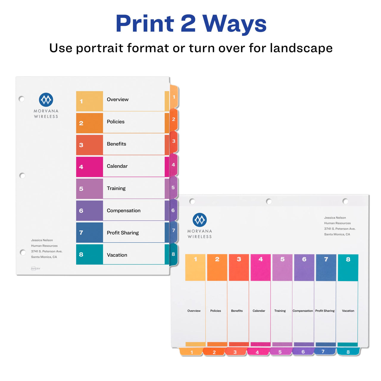 Avery 8 Tab Dividers for 3 Ring Binders, Customizable Table of Contents, Multicolor Tabs, 6 Sets (11186)