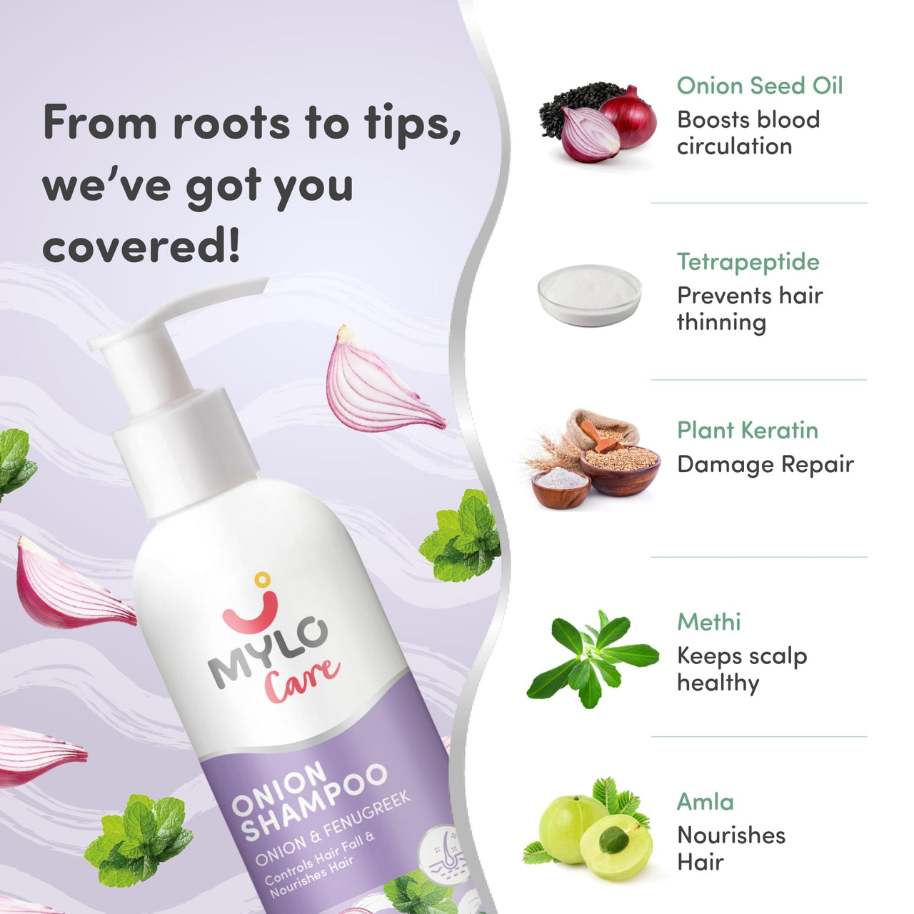 Mylo Care Anti Hair Fall Shampoo 200ml| Contains Onion Oil, Bhringraj and Plant Keratin for Hair Fall Control and Frizz Free Hair|No Silicones|No Parabens