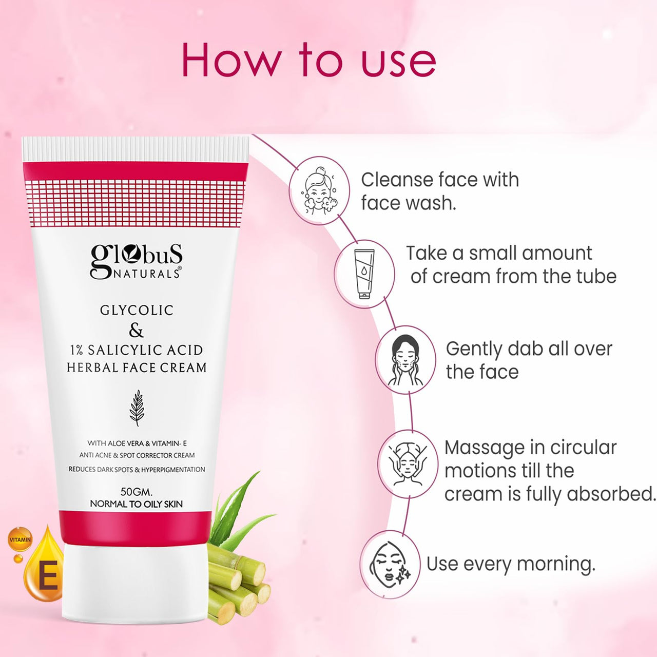 Globus Naturals Glycolic & 1% Salicylic Acid Herbal Anti Acne Face Cream, Enriched with Aloe Vera & Vitamin E, Reduces Dark spots & Hyperpigmentation, 50gm