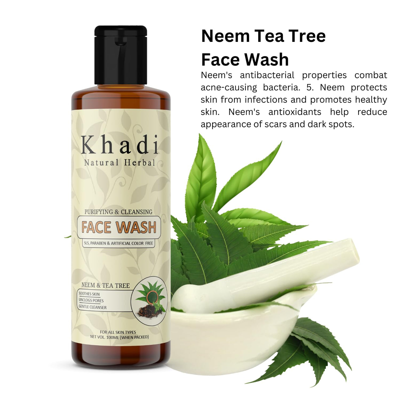 Khadi Natural Herbal Neem And Tea Tree Face Wash For Acne & Pimple | Purifying And Cleansing Face Wash | Soothes Skin,Unclogs Pores Reduce Blemishe | Gentle Cleaner Face Wash 100Ml